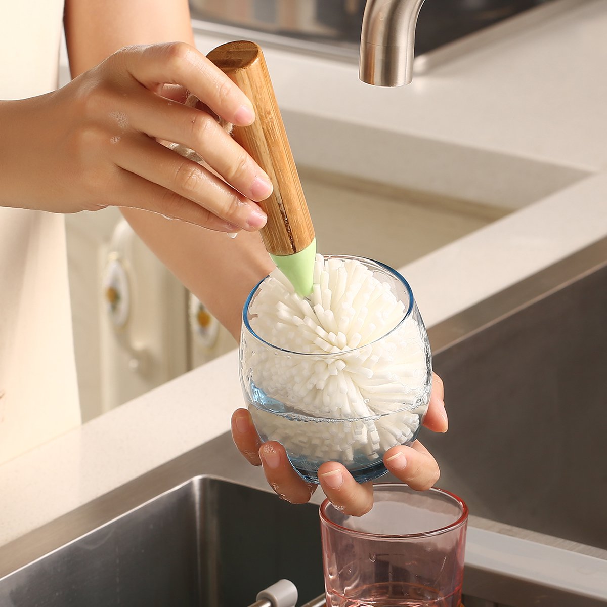 竹木长柄海绵头洗杯刷奶瓶刷杯子清洁刷