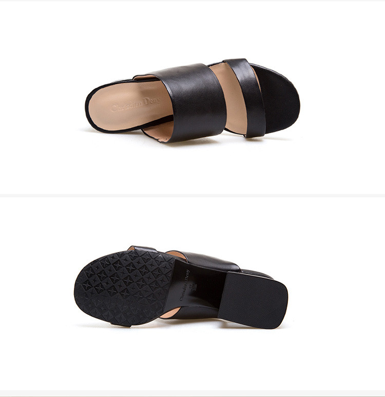 穆勒鞋牛皮中粗跟鱼嘴凉拖鞋