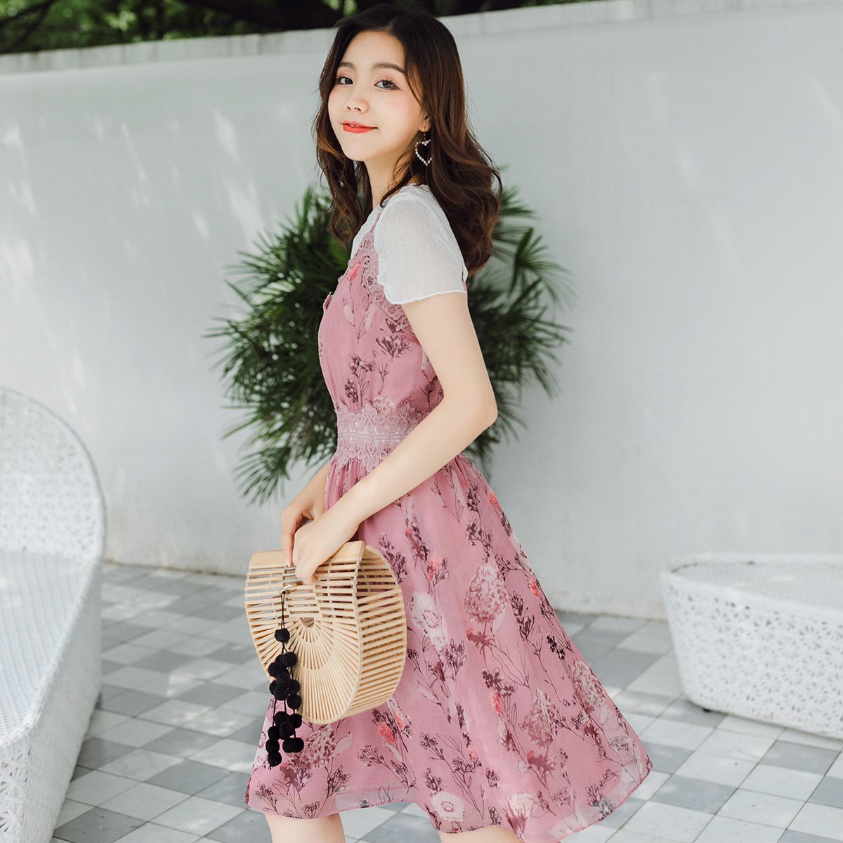 2018夏装新款碎花气质吊带两件套海边度假套装裙雪纺连衣裙