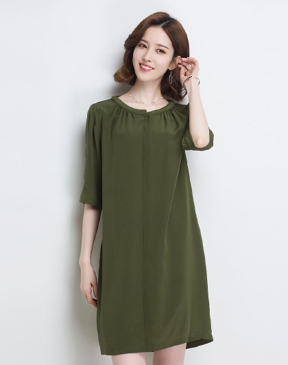 圆领纯色宽松真丝连衣裙女