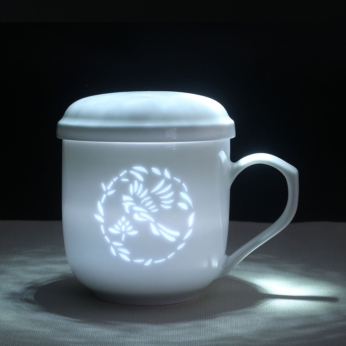 景德镇手工带滤玲珑杯 白瓷带盖马克杯 镂空透光 白领办公杯 水杯