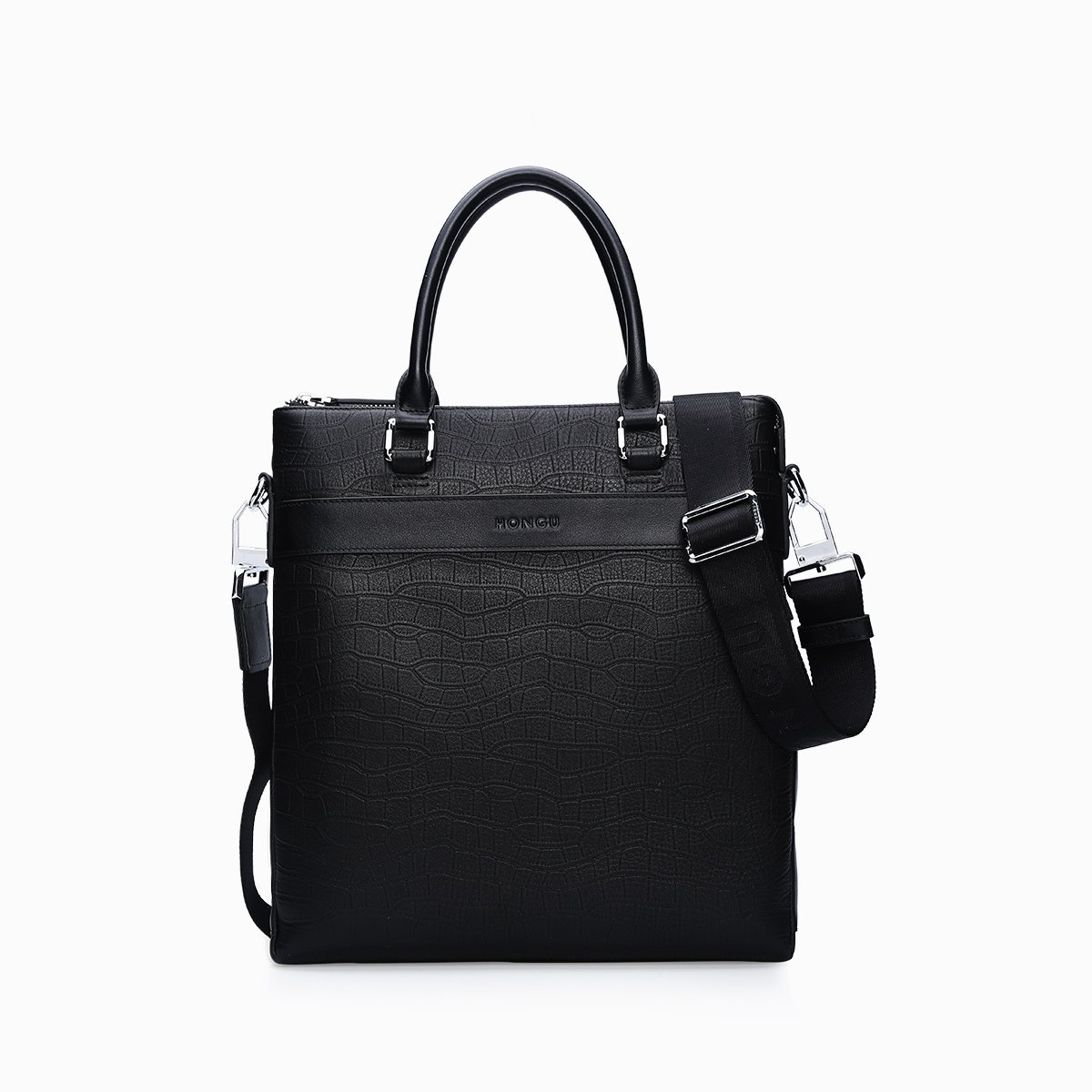 红谷男包 时尚头层牛皮手拎斜挎包经典鳄鱼纹竖款商务公文包 父亲节