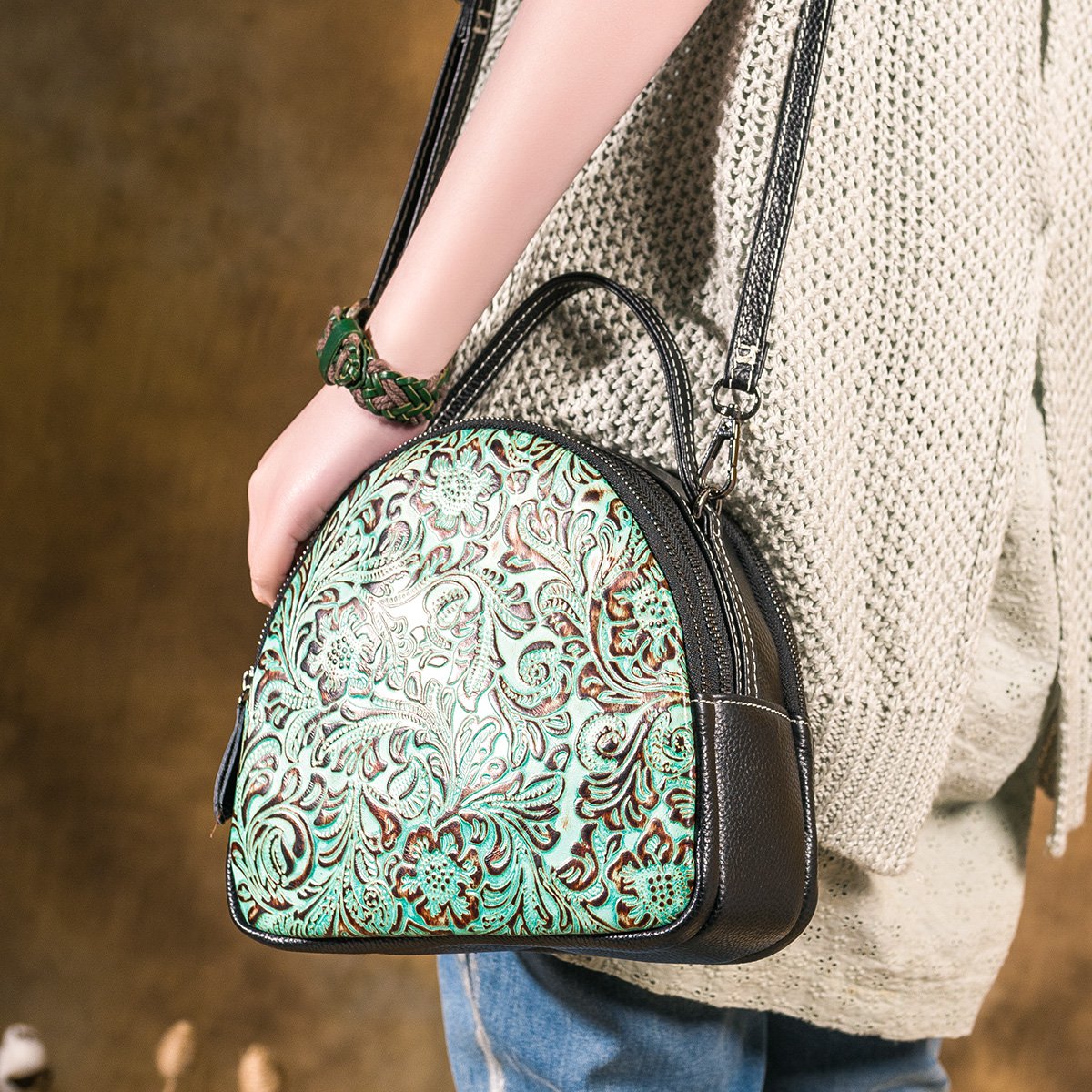 吐火罗2018新品复古百搭压花民族风牛皮单肩斜挎包