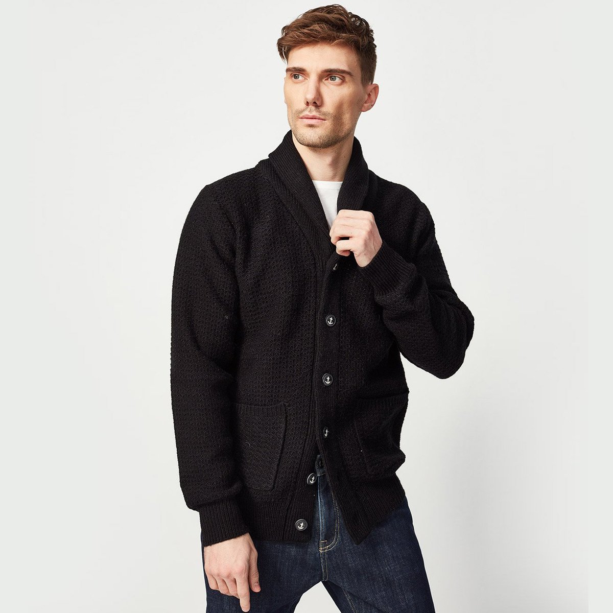 羊驼毛混纺青果领开衫男士毛衣羊毛衫