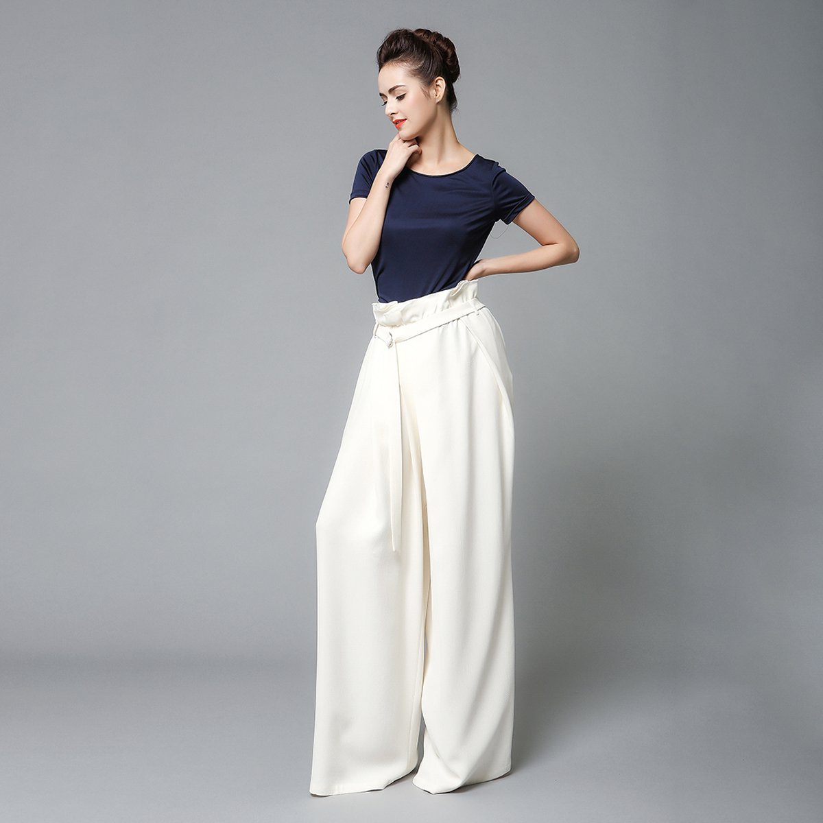 voa重磅真丝女裤主设推荐丝绸欧美风长裤白色松紧腰阔腿裤