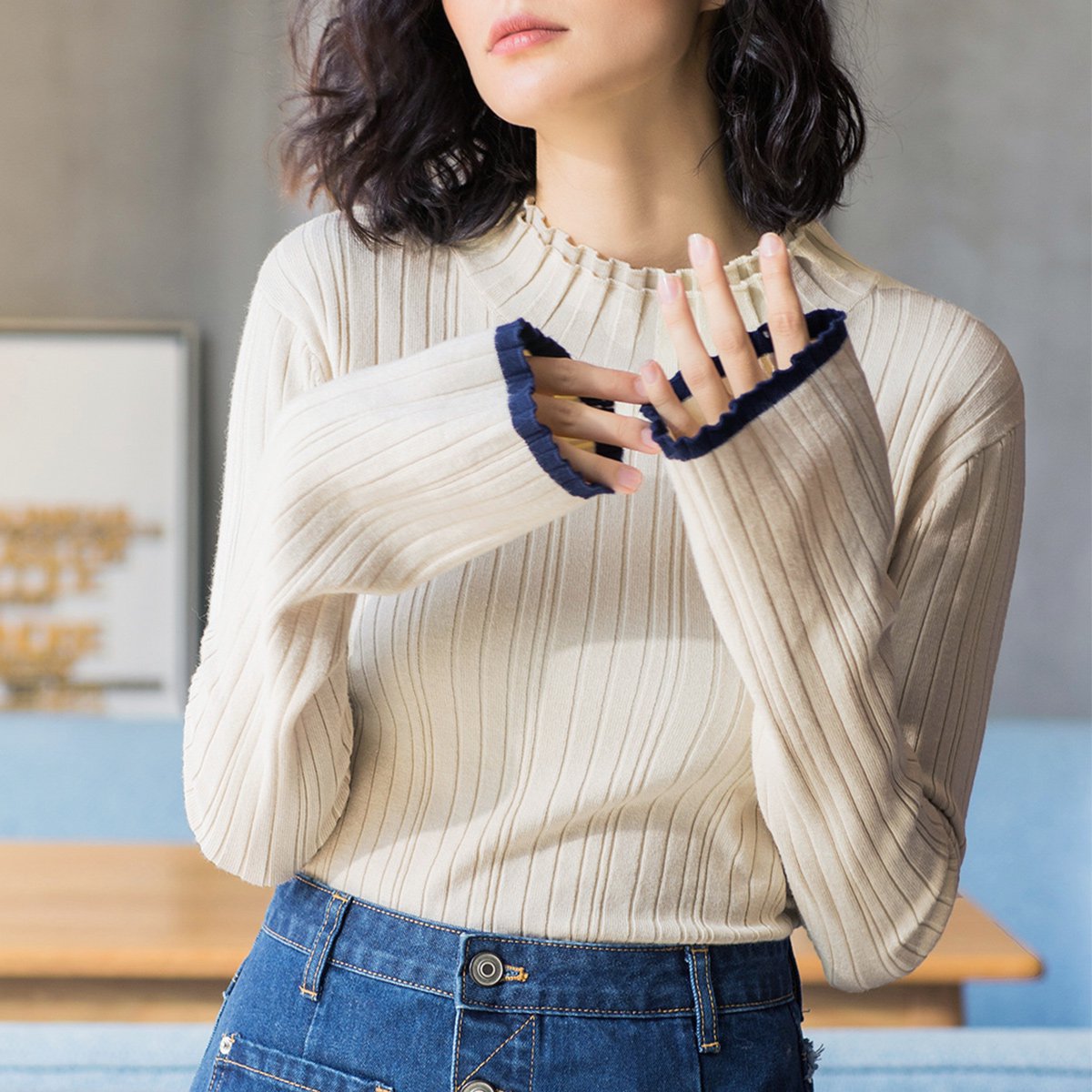 2018秋季新款通勤女装毛衣秋装装简约百搭休闲女针织衫修身显瘦撞色