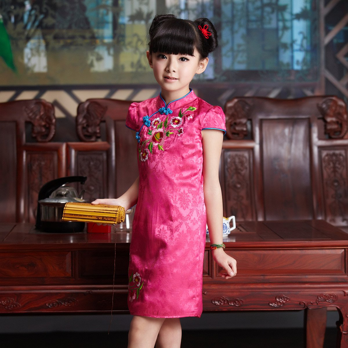 布布发现中国风童装旗袍夏季女童绣花旗袍儿童唐装旗袍