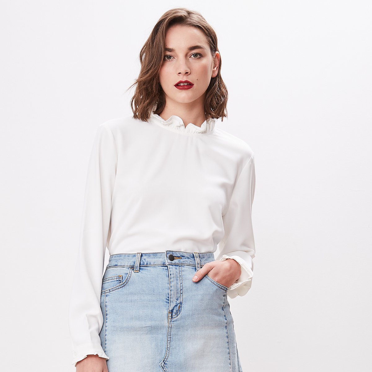 纳薇立领荷叶边装饰衬衫