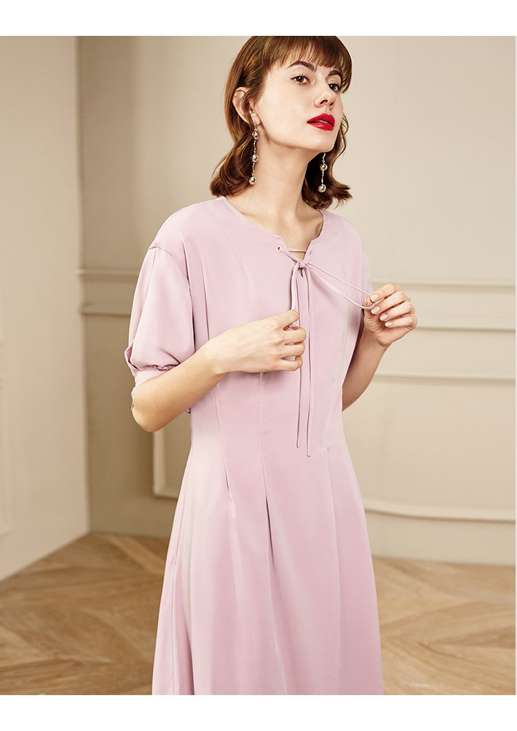 lachata,焕季清仓女装专场 2018夏装新款 领口长系带灯笼短袖灰粉 女