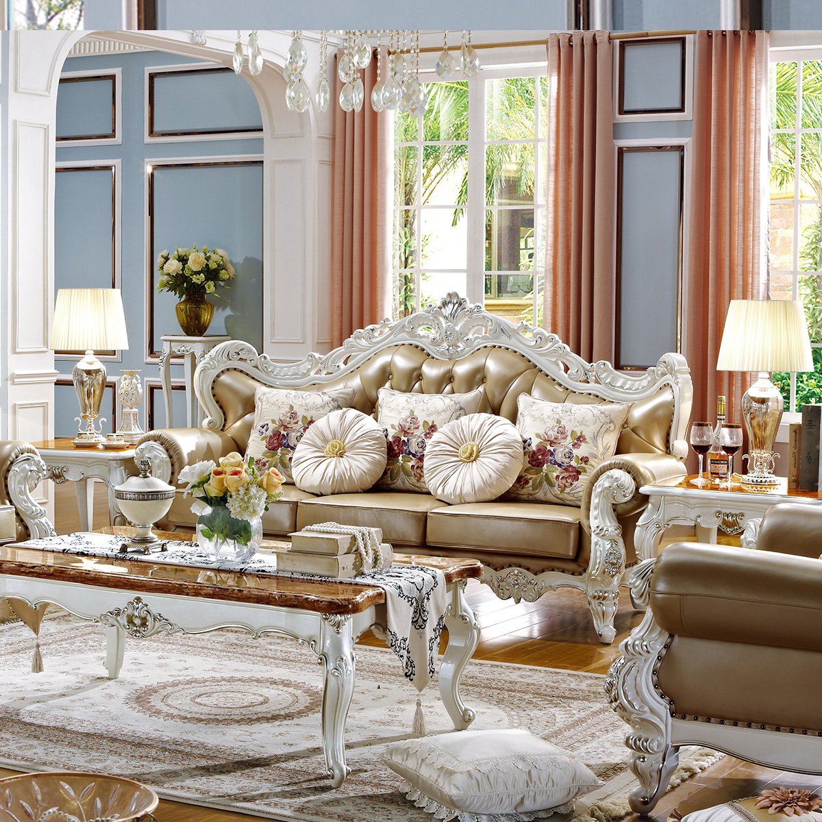[拉菲贵族]2018年客厅家具珍珠白欧式头层皮真皮沙发组合单人位 双人