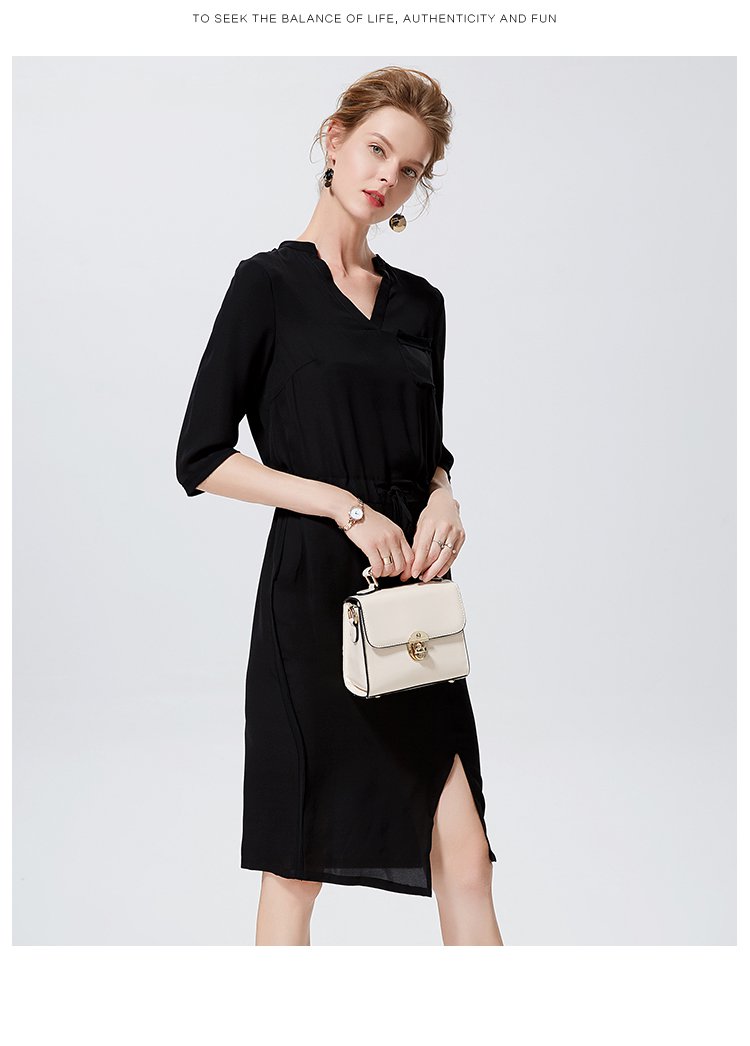 新品见面会-koko&momo女装春夏新款气质连衣裙v领七分袖系带收腰开叉