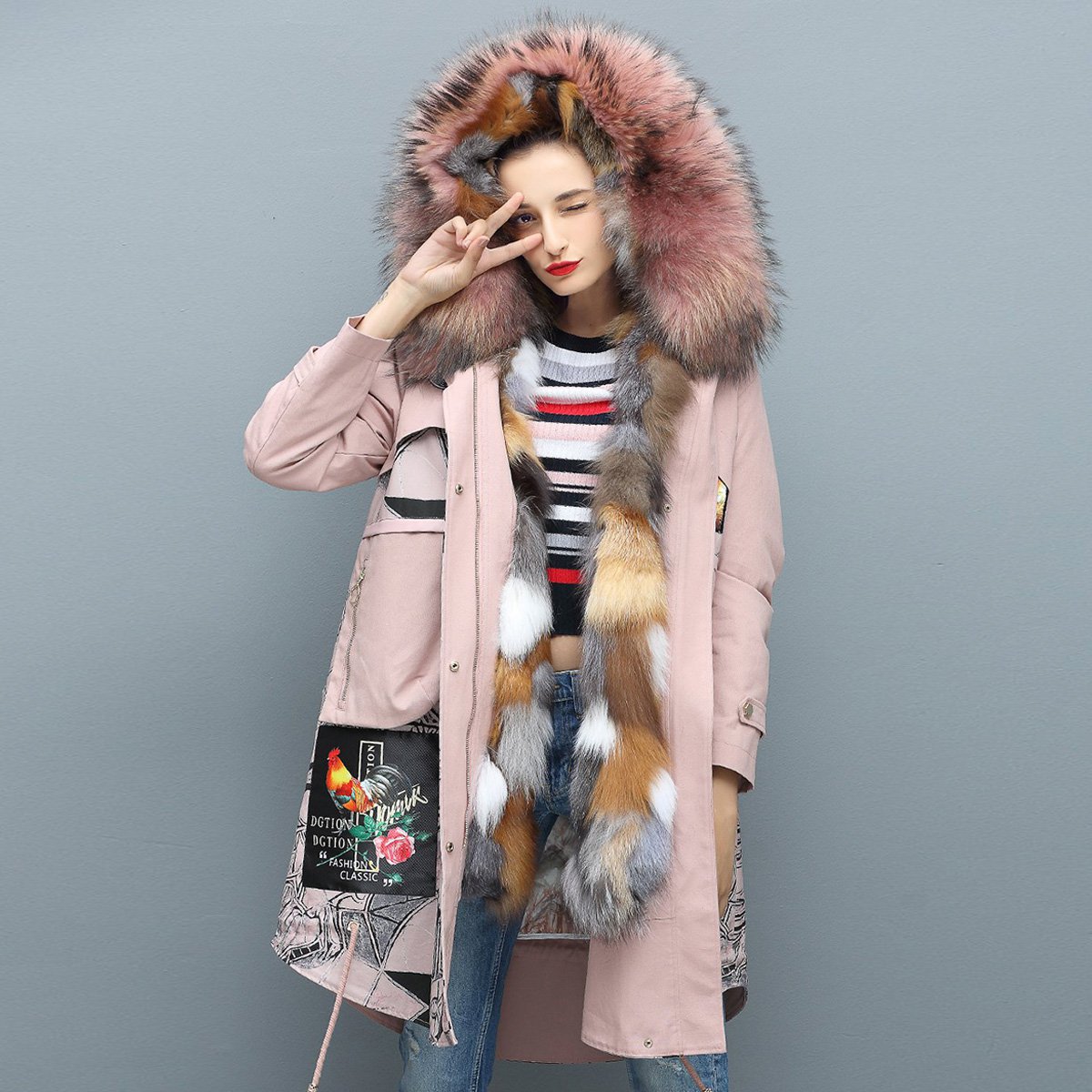 【印花派克服】休闲中长款可脱卸帽款大毛领羽绒服皮草派克大衣