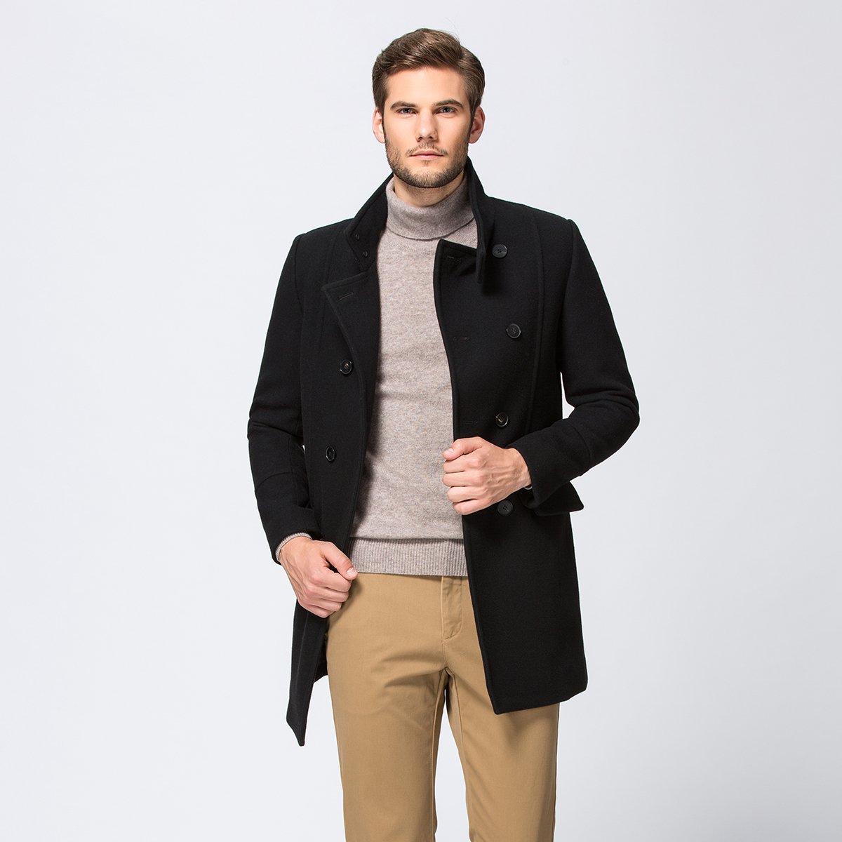 鳄鱼恤男士修身翻立领中长款羊毛大衣