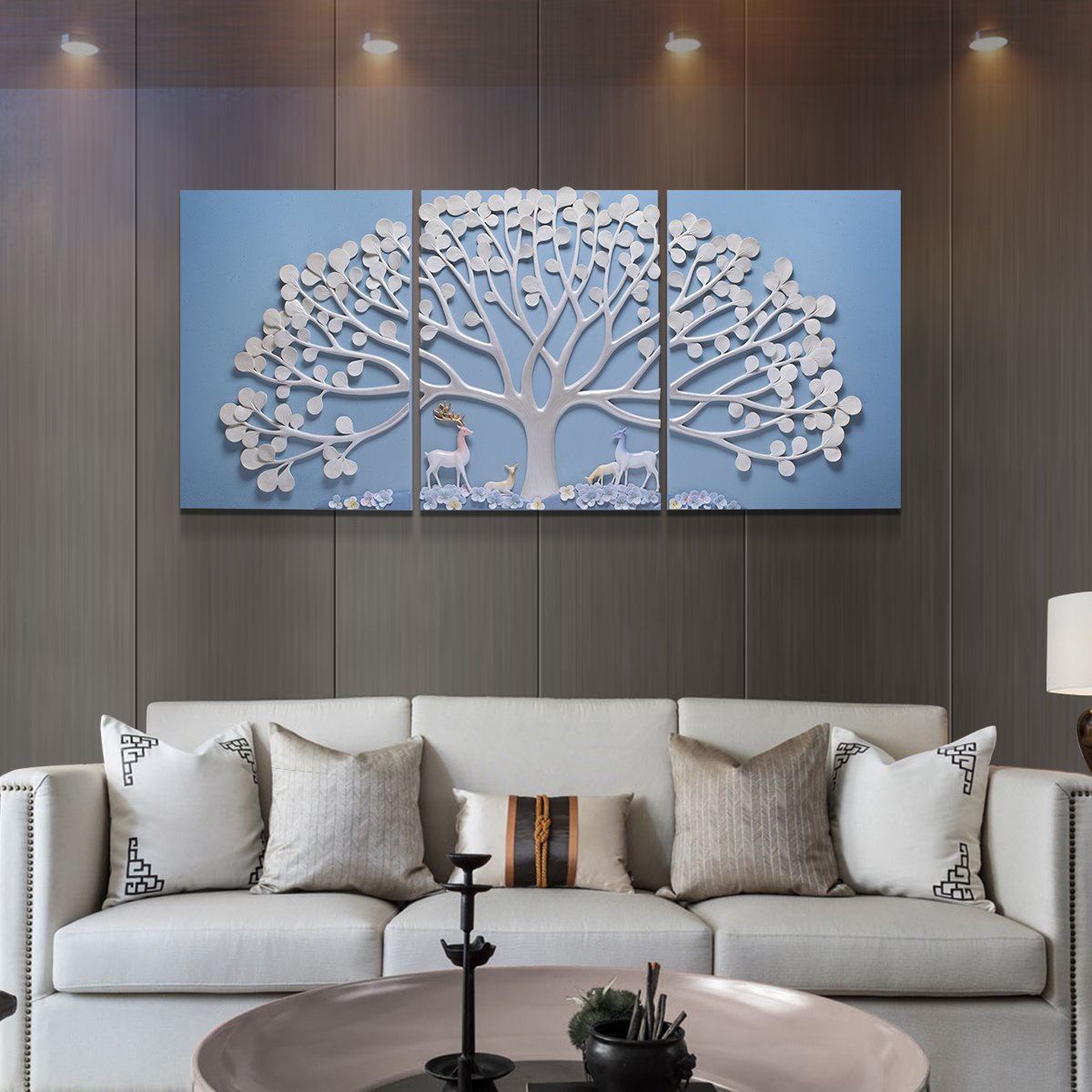现代简约3d立体浮雕挂画新中式三联沙发背景墙壁画客厅装饰画