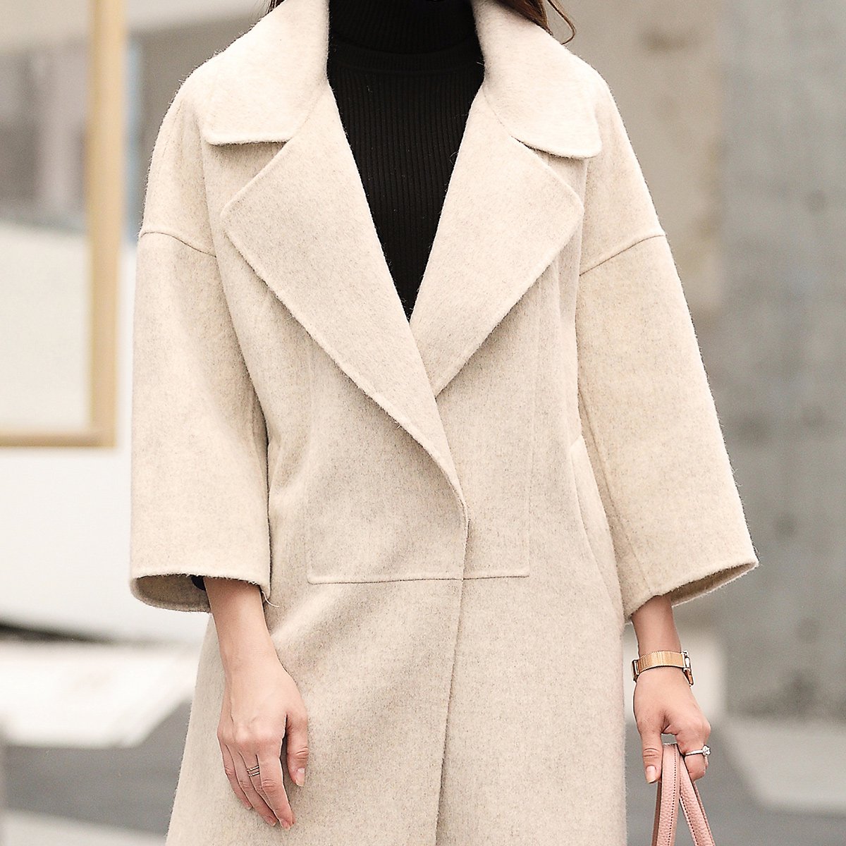 2018西装领翻领落肩袖中长款女款大衣羊毛大衣毛呢大衣双面呢大衣