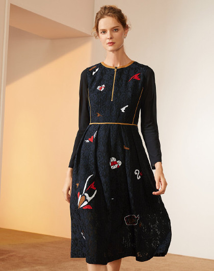 juzui/玖姿秋装新款圆领仙气雪纺微透收腰显瘦中长款连衣裙女