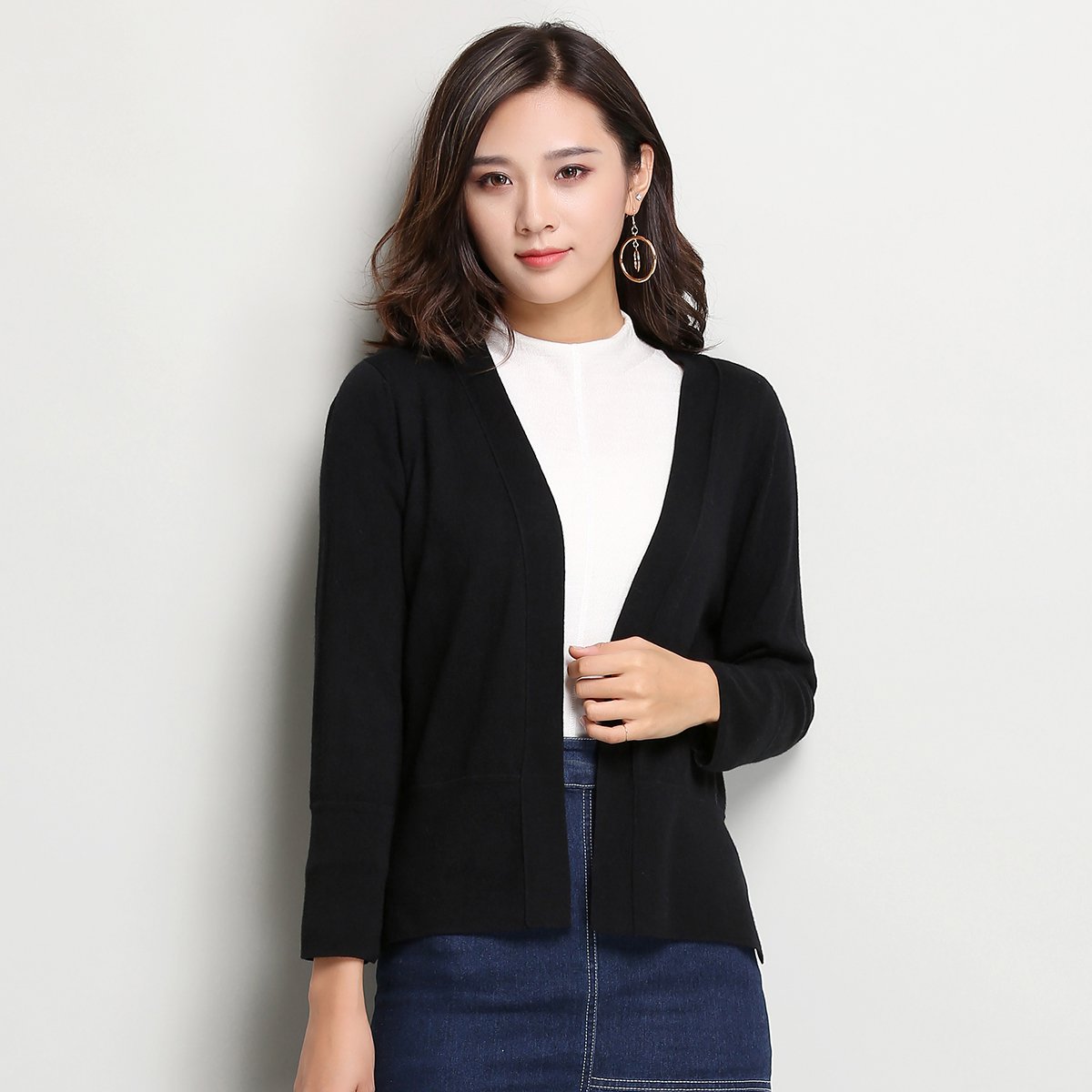 赛兔秋冬长袖纯色无领开衫经典通勤时尚简约休闲短款女式针织羊毛衫