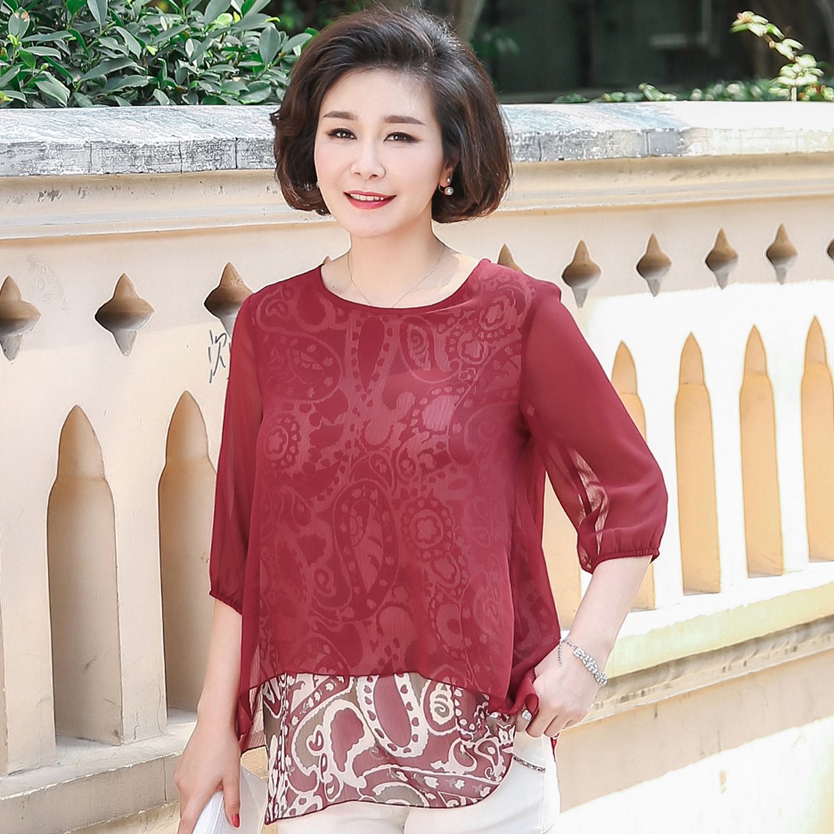 妈妈装中老年女装夏装宽松假两件七分袖t恤