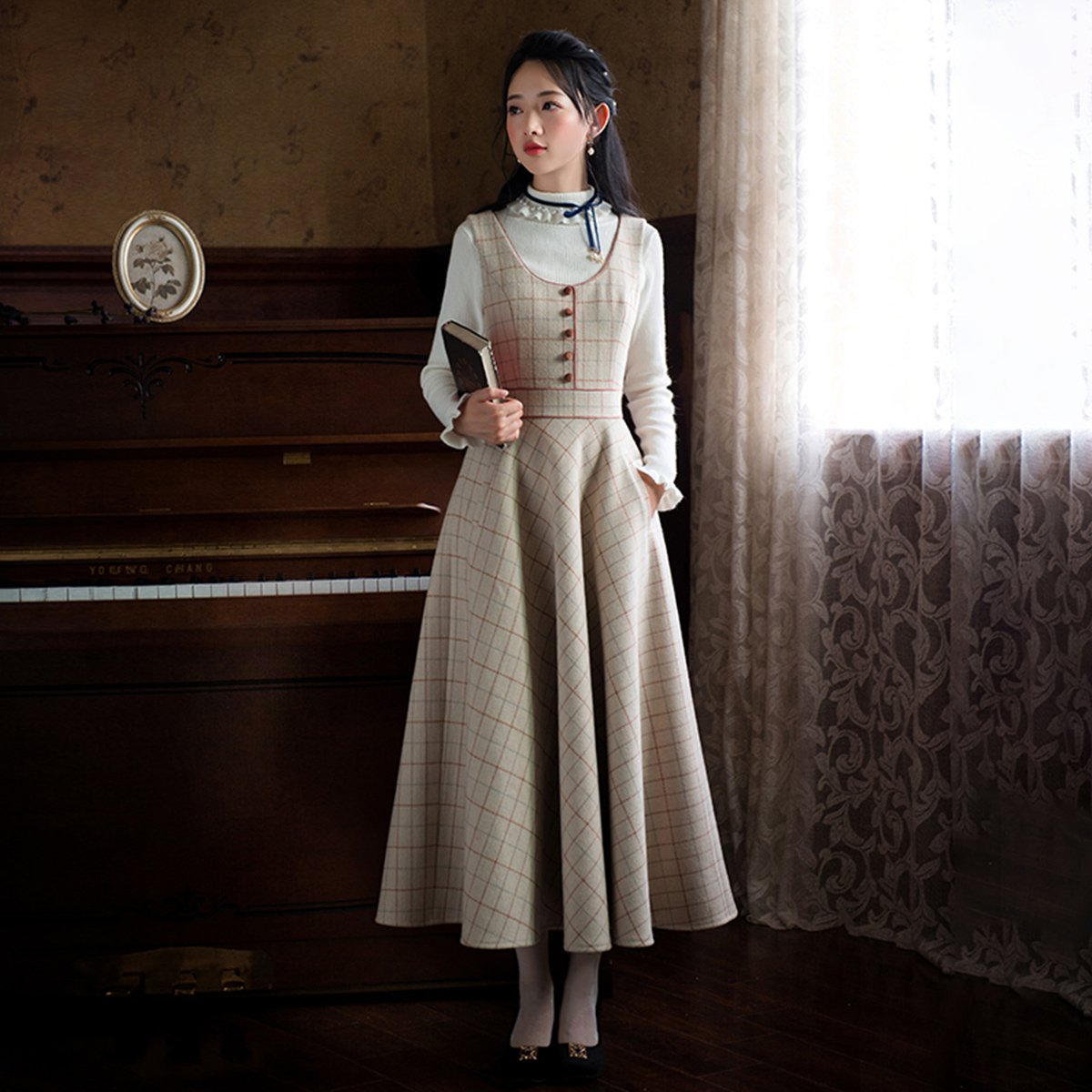 筱姿秋季新款女装显瘦连衣裙复古背带裙格子收腰显瘦a字中长裙子气质