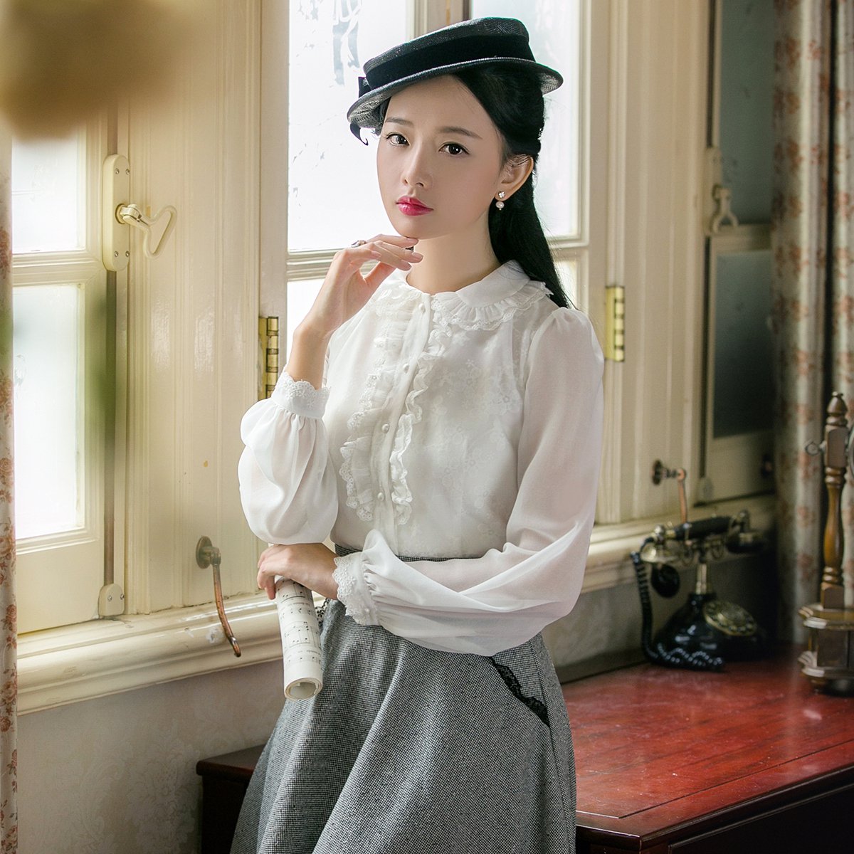 筱姿春季新款女装复古长袖白女士衬衫蕾丝花边打底衬衣