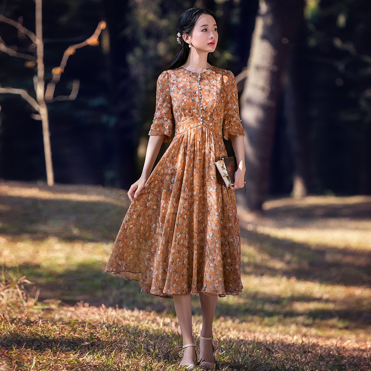 筱姿2019春季新款复古女装五分袖碎花中长裙高腰显瘦连衣裙女
