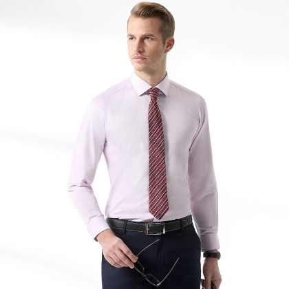 粉红色经典商务长绒棉细条纹长袖正装衬衫