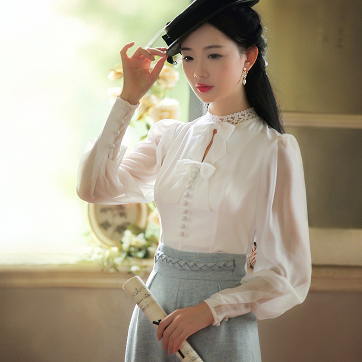筱姿春季新款女装复古白色长袖雪纺衫蝴蝶结蕾丝上衣
