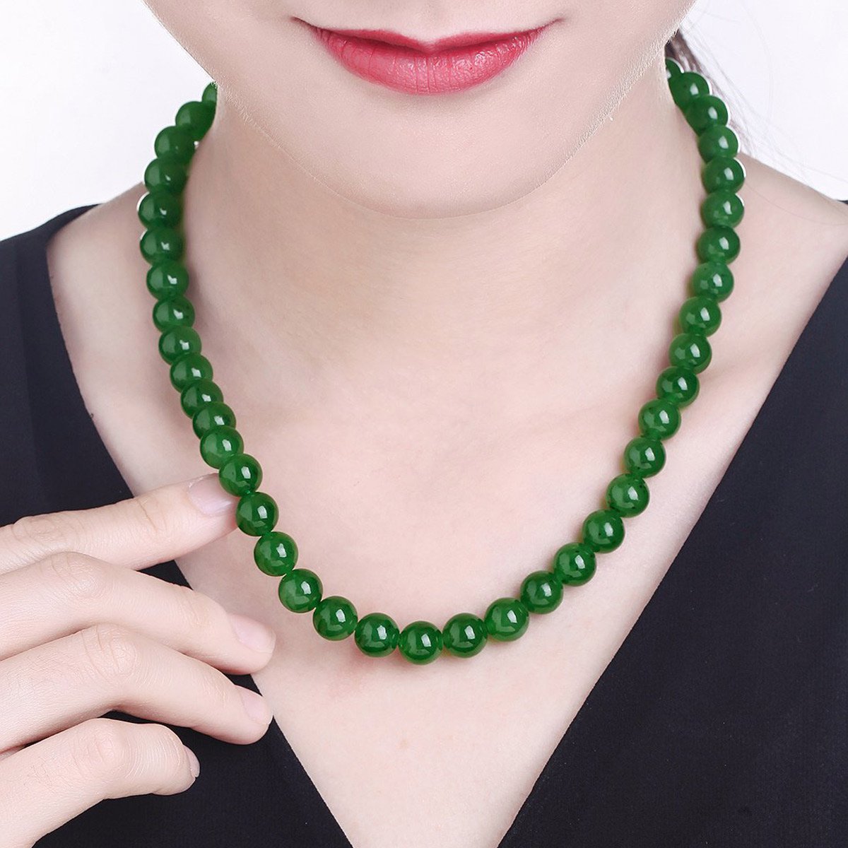 东方翡翠 8-9mm温润菠菜绿天然和田碧玉项链/玉石项链