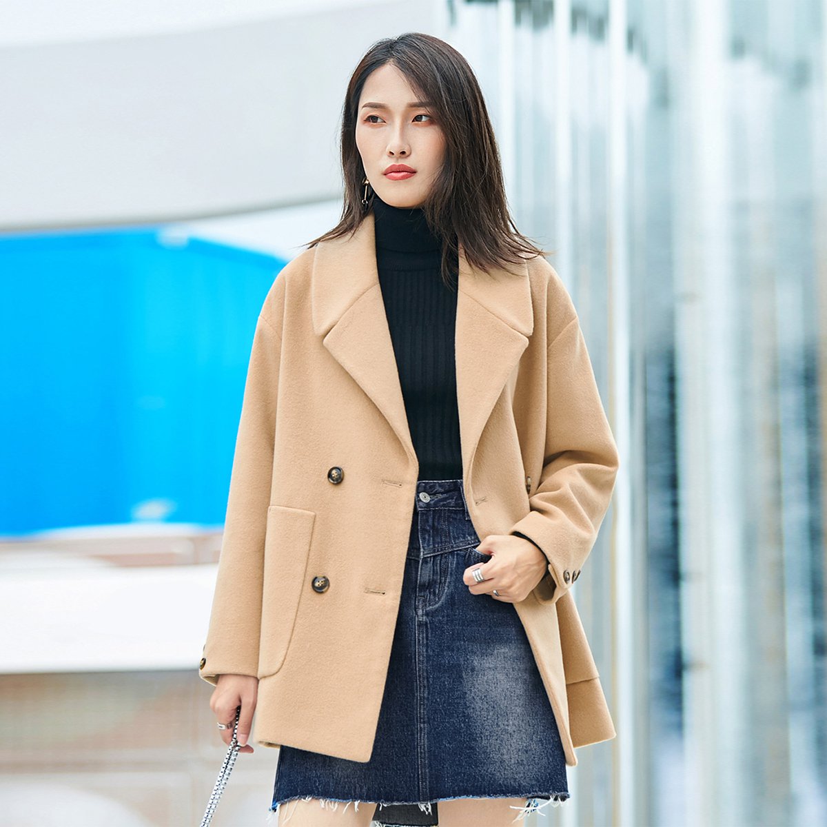 新款 时尚双排扣翻驳领直筒呢大衣 女款毛呢大衣