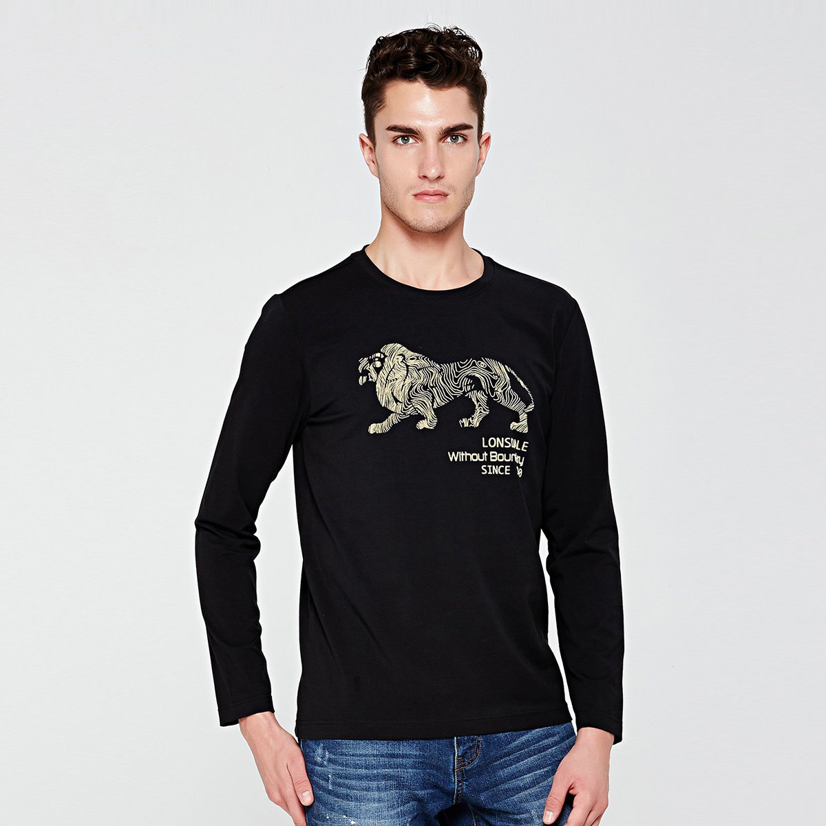 龙狮戴尔 棉质透气潮搭圆领 男款长袖t恤运动t恤