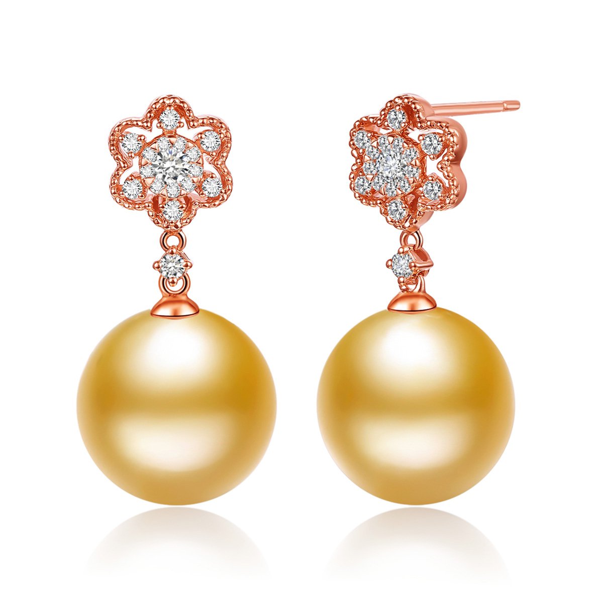 仙蒂瑞拉 雪莲系列 11-12mm南洋金珍珠海水珍珠耳钉/耳饰/18k金钻石