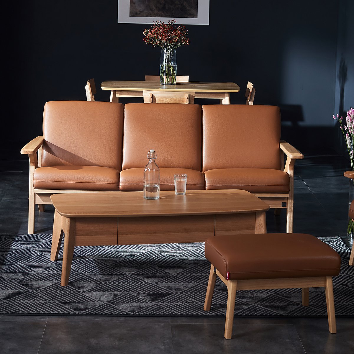 实木真皮沙发小户型现代简约橡胶木客厅组合家具8069