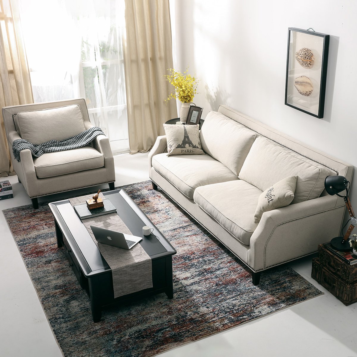 可拆洗布艺沙发美式简约亚麻羽绒客厅布沙发组合2022