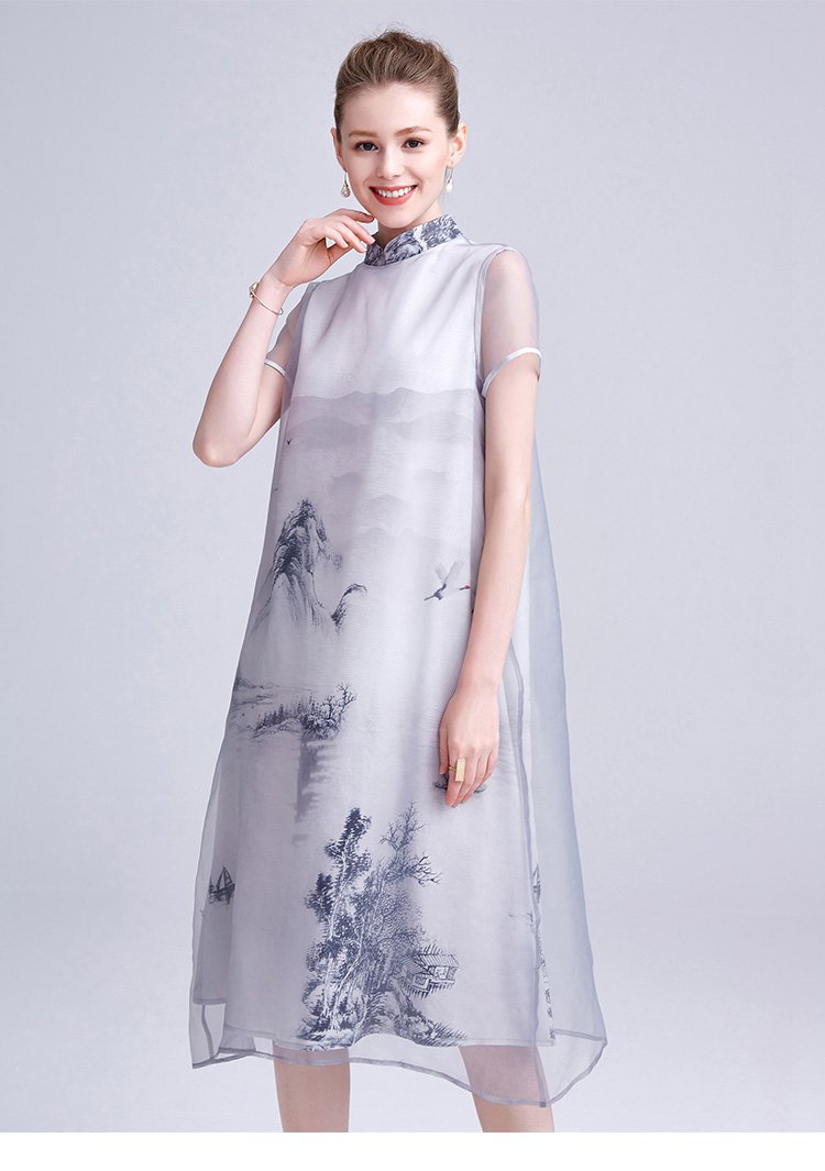 女立领短袖宽松大码中国风水墨画优雅网纱雪纺连衣裙