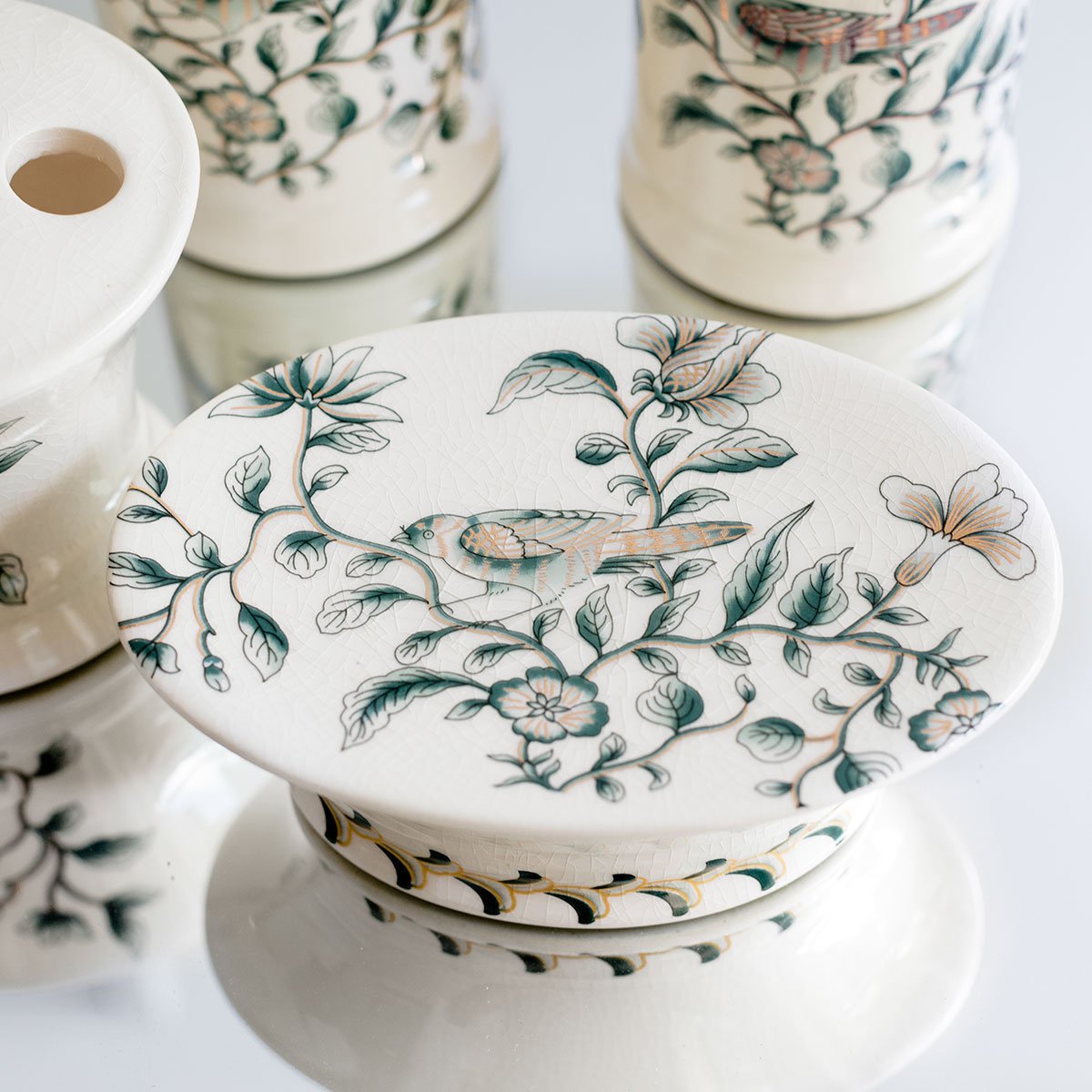 日用家居卫浴套件 绿鸟春意裂纹贴花陶瓷卫浴洗漱工具