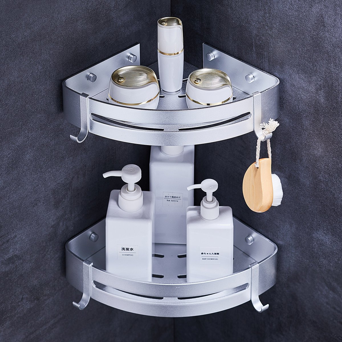 卫浴挂件加宽洗澡间双层壁挂太空铝厕所三角架免打孔浴室置物架