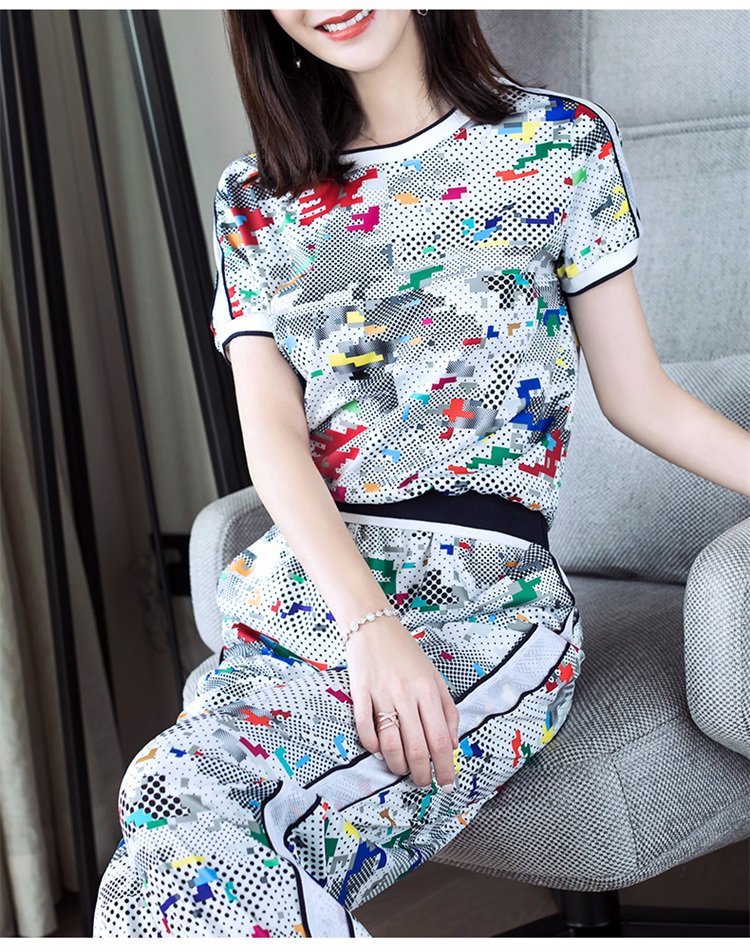 海青蓝2018夏季新款气质印花短袖上衣束脚休闲裤运动套装时尚女款