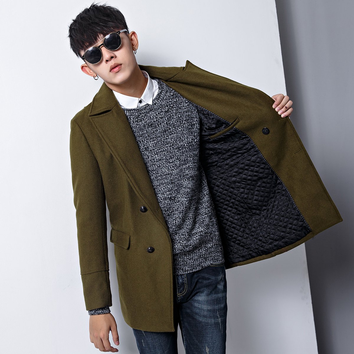 egou秋冬新款男士毛呢大衣韩版潮流男款羊毛大衣中长款翻领纯色男外套