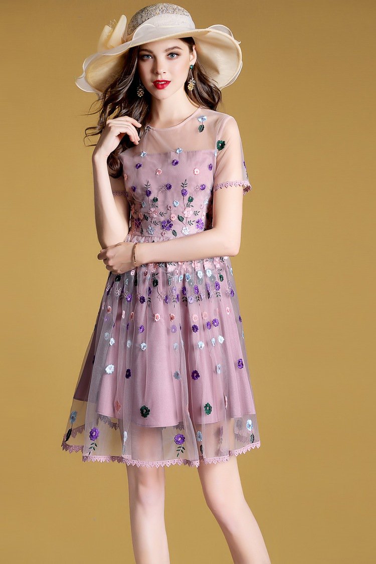 丹慕妮尔清新减龄网纱显瘦绣花连衣裙