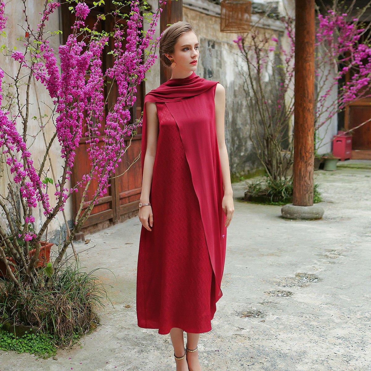 voa勃艮第酒红提花 围巾披肩飘带假两件真丝连衣裙