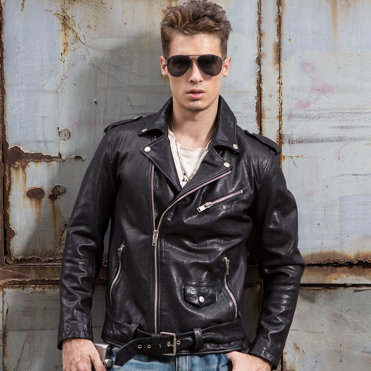 2018机车服绵羊皮夹克男士短款修身外套