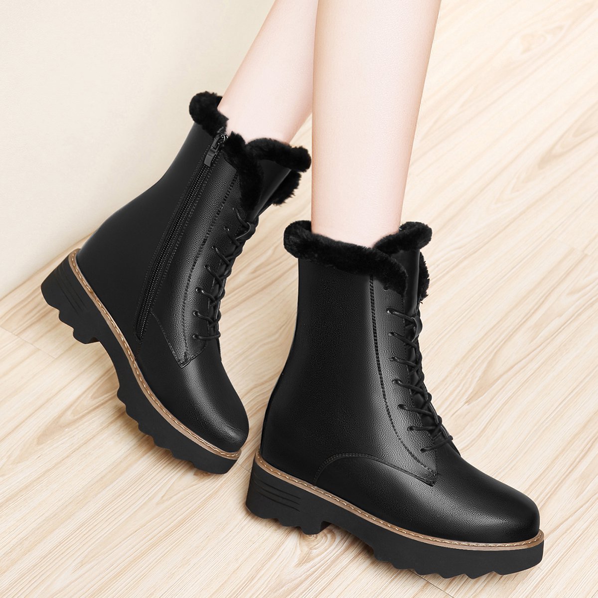 冬季女鞋短靴【潮流时尚】擦色加绒靴领保暖短靴英伦风马丁靴高帮女靴