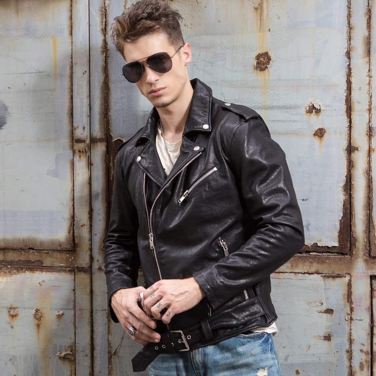 2018机车服绵羊皮夹克男士短款修身外套