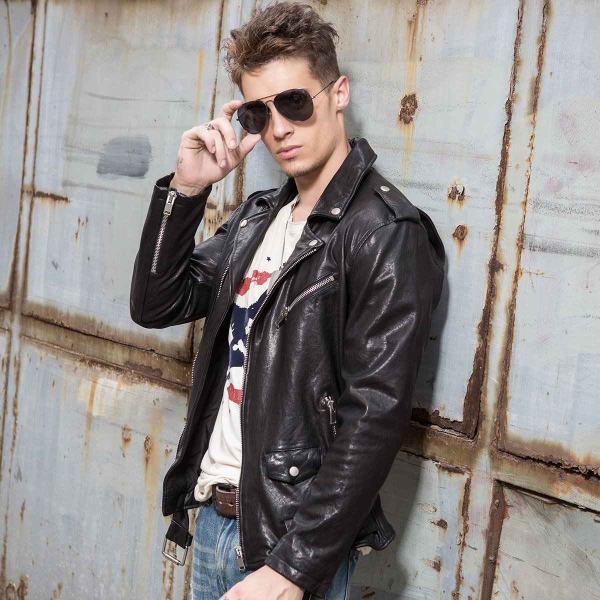 2018机车服绵羊皮夹克男士短款修身外套