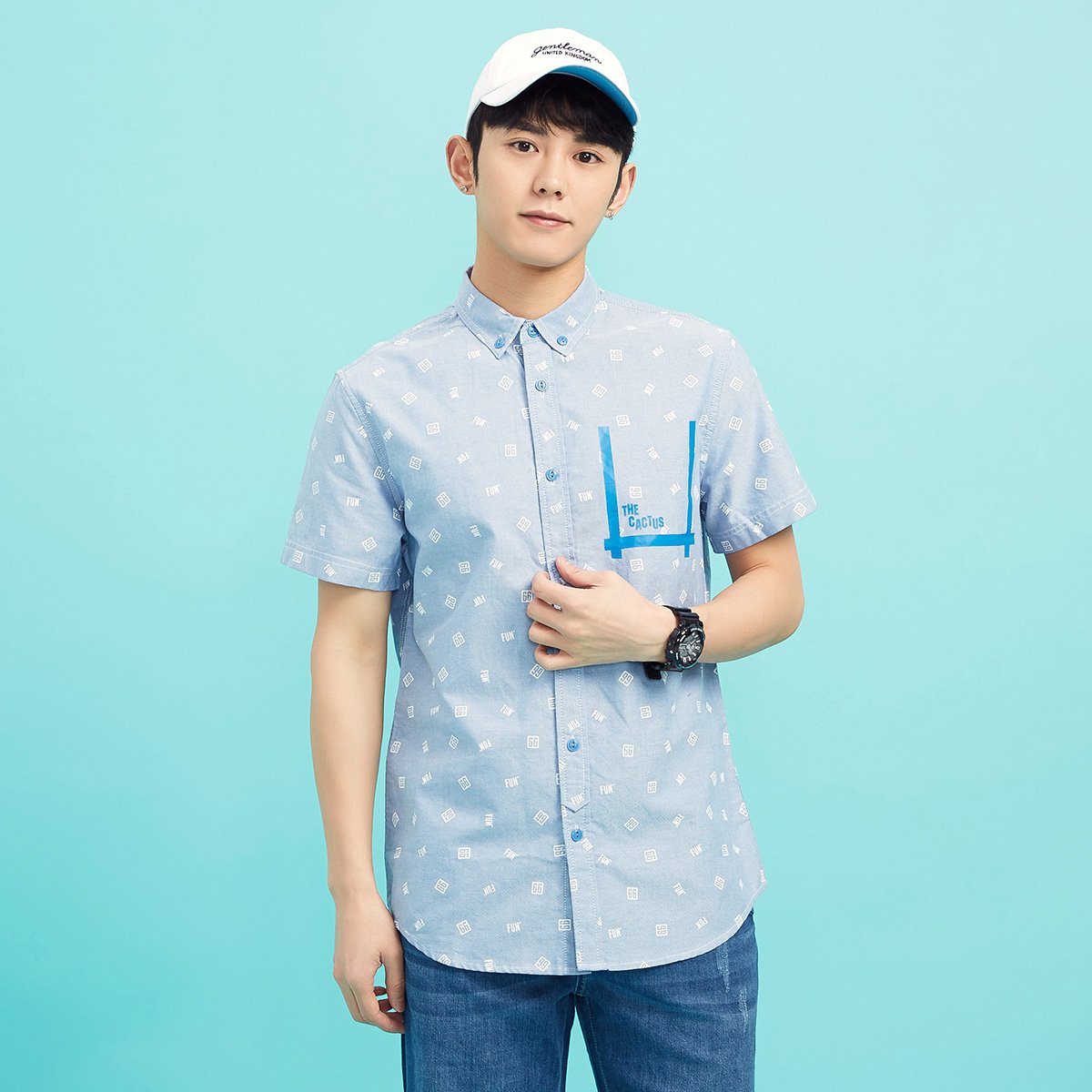 美特斯邦威男时尚修身韩版字母印花短袖衬衫