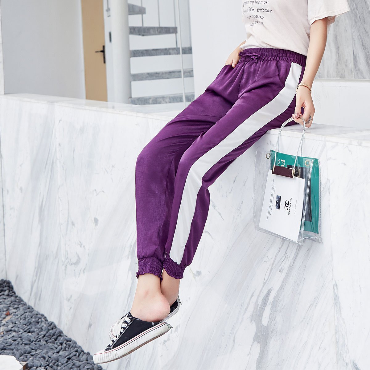 2018新款德芙裤ins超火网红同款女士宽松侧边白条九分休闲裤学生松紧