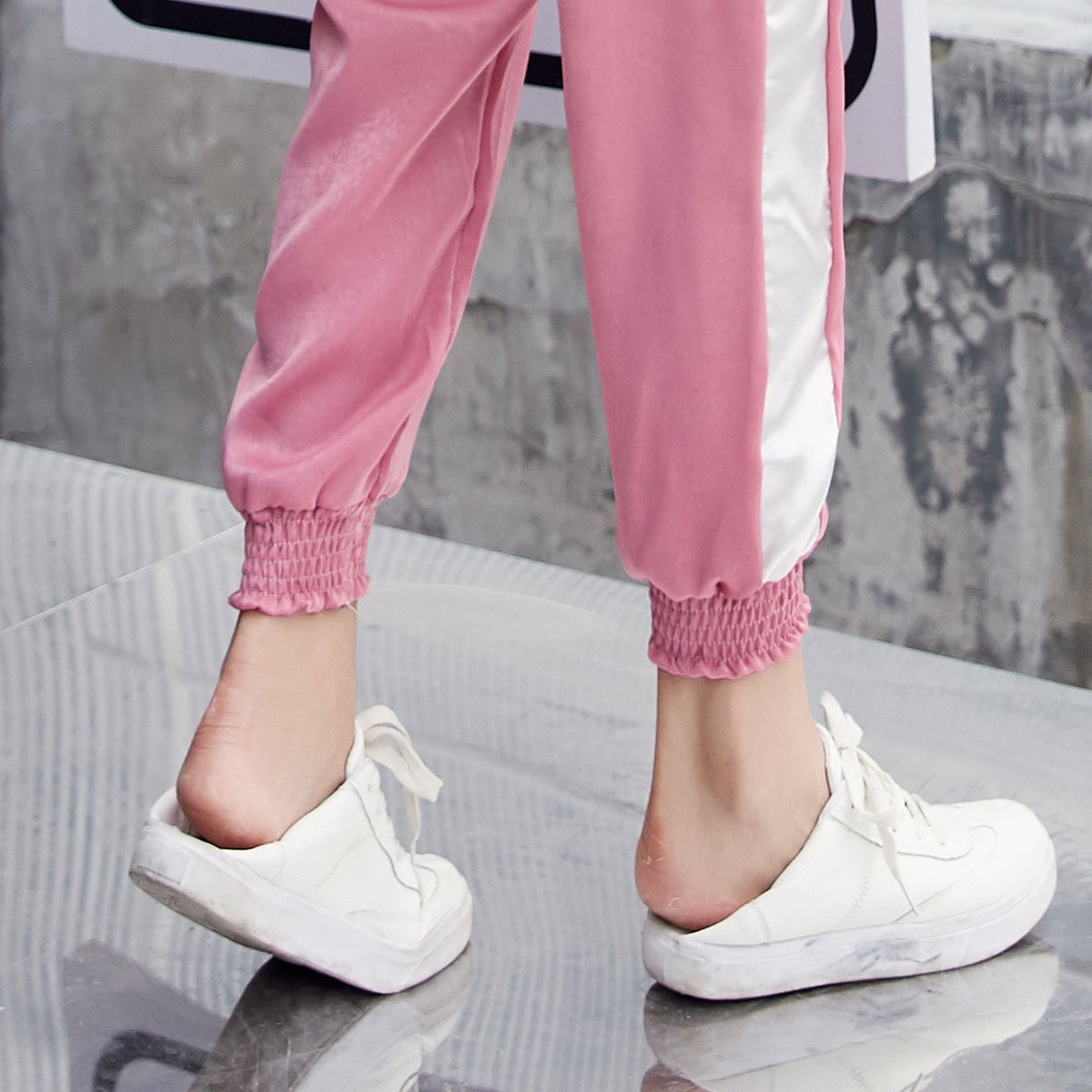 2018新款德芙裤ins超火网红同款女士宽松侧边白条九分休闲裤学生松紧