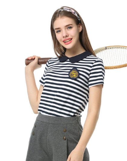 伊顿珍妮 伊顿珍妮polo短袖学院风学生条纹海军娃娃领t恤衫女
