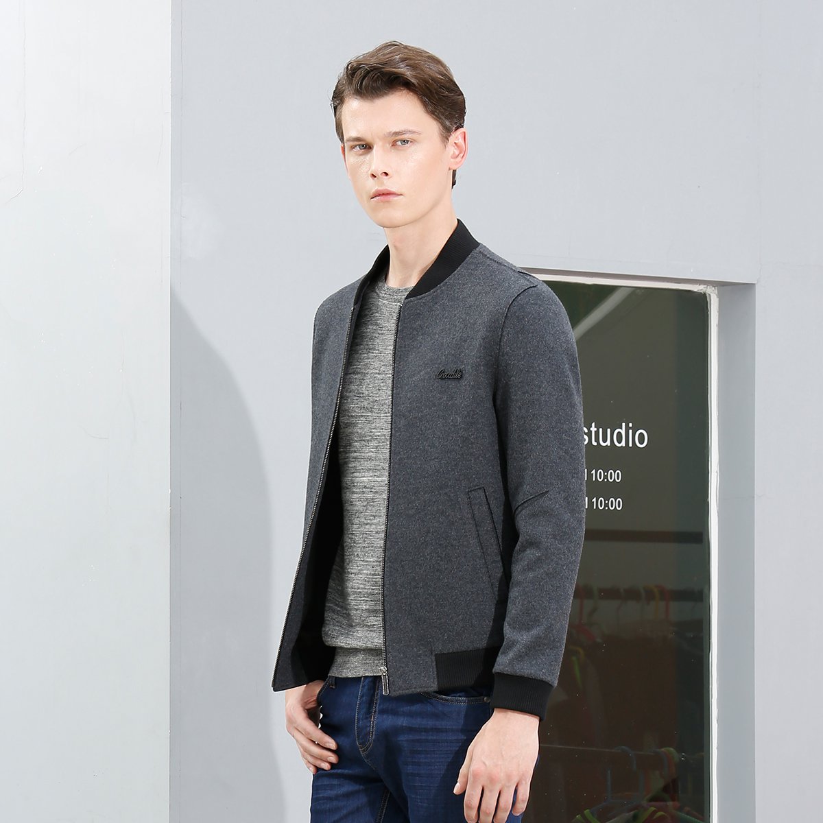 鳄鱼恤男装春秋羊毛毛边棒球领帅气短款夹克