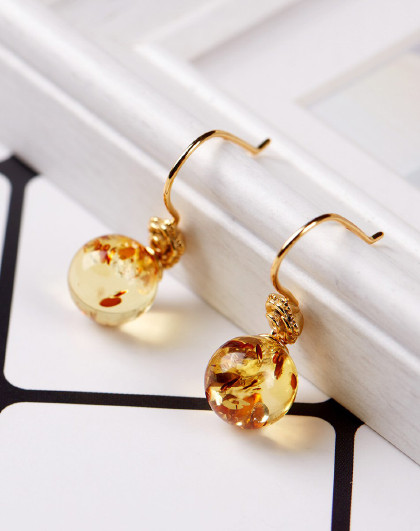 嘉乐琥珀 琥珀耳饰女款天然圆珠镀金花珀耳坠